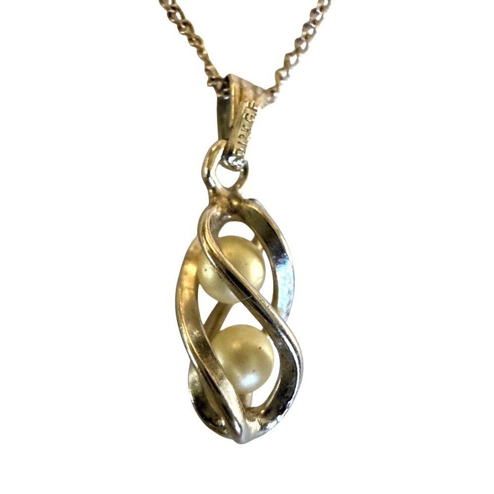 Vintage Chain 12k GF Necklace w Twisted Cage Pendant and Faux Pearl Stamped
